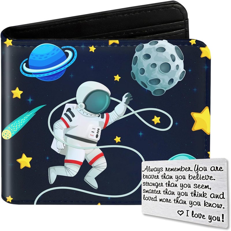 Roacap Kids Wallet for Boys, Cool Wallets for Teen Son Ages 4 5 6 7 8 9 10 11 12 13 14 15 16, Leather Space Astronaut Bifold Purse, Christmas Birthday Gift for Kid Men Boy Youth Guys - Image 1